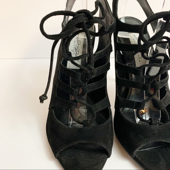 David Dixon Black Velvet Tie Up Front Cage Heel Women’s Size 7 - Picture 6 of 13